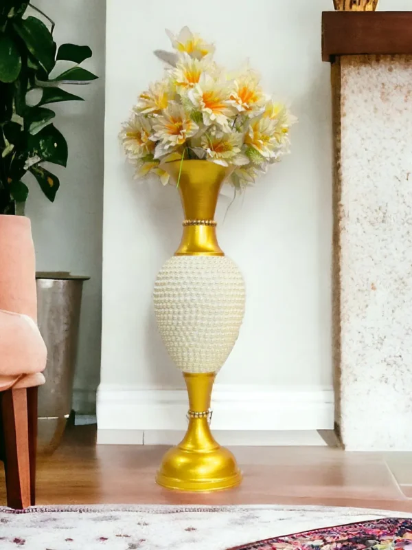 24_ Full Moti Golden Lifestyle 3 Fancy Flower Vase for Home Decoration | Big Size Flower Vase for Living Room Corner | 2 Feet Height Metal Vase | Fill Empty Space in Your Home | Golden | Pack of 1 - Image 1