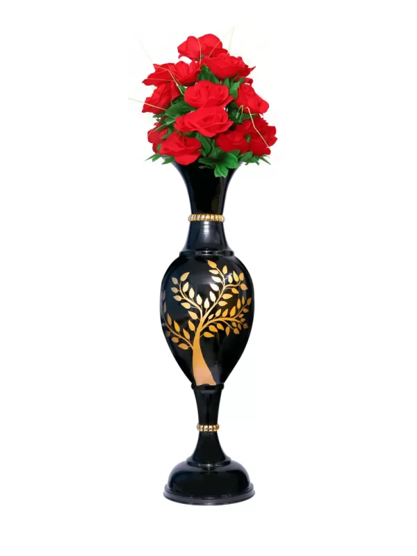 24 Inch Handmade Golden Color Tree On Black Color Flower Vase With Red Color Roses