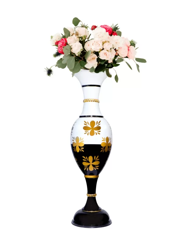 24 inch Handmade Golden Color Flower Painted On Half Black And Half White Vase with pink color roses