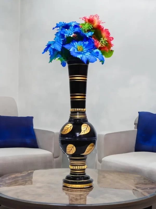 Stunning Handmade Matki Flower Vase with Golden Color Patta (Leaf) Design | Elegant 22-Inch Vase for Home Decor | Perfect for Wedding Centerpieces, Anniversary Gifts, and Birthday Presents - Black - Image 1