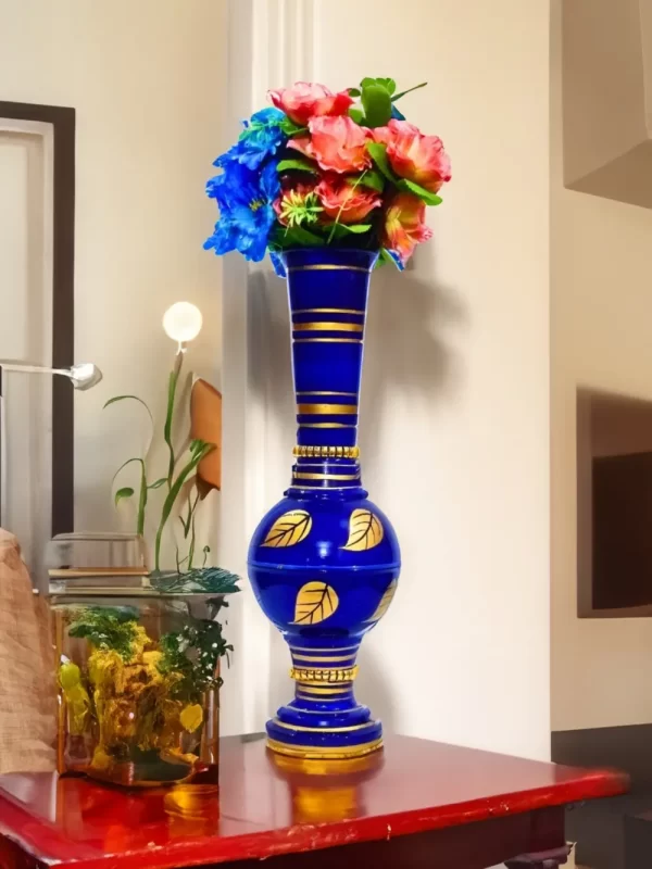 22 inch matki patta blue lifestyle Stunning Handmade Matki Flower Vase with Golden Color Patta (Leaf) Design | Elegant 22-Inch Vase for Home Decor | Perfect for Wedding Centerpieces, Anniversary Gifts, and Birthday Presents - Blue - Image 1