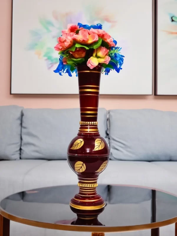 Stunning Handmade Matki Flower Vase with Golden Color Patta (Leaf) Design | Elegant 22-Inch Vase for Home Decor | Perfect for Wedding Centerpieces, Anniversary Gifts, and Birthday Presents - Brown - Image 1