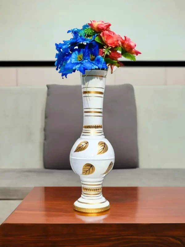 Stunning Handmade Matki Flower Vase with Golden Color Patta (Leaf) Design | Elegant 22-Inch Vase for Home Decor | Perfect for Wedding Centerpieces, Anniversary Gifts, and Birthday Presents - White - Image 1