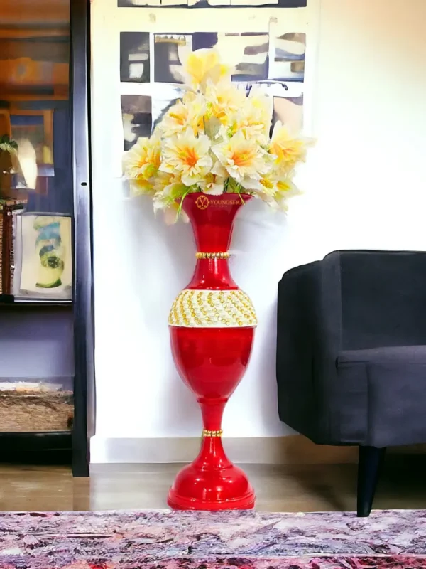 Youngsera 23-Inch Flower Vase: Glossy Red Vase with Encroached Golden Pearls for Luxurious Home Decor - Image 1