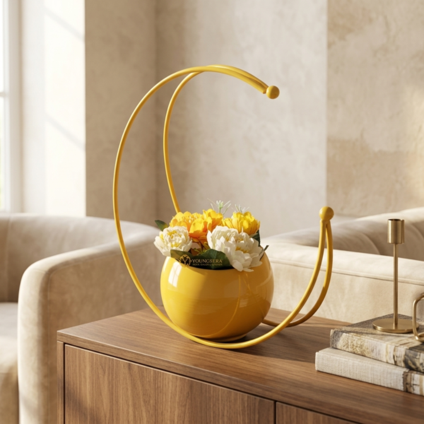 Youngsera Premium Moon Metal Flower Vase Diwali Gift Items for Home Decoration Tabletop, Side Table, Living Room, Home Office Decoration, Home Decorative Items, 8 Inches Height- Pack Of 2 - Yellow - Image 2