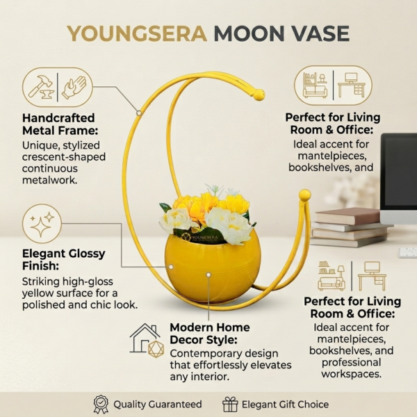 Youngsera Premium Moon Metal Flower Vase Diwali Gift Items for Home Decoration Tabletop, Side Table, Living Room, Home Office Decoration, Home Decorative Items, 8 Inches Height- Pack Of 2 - Yellow - Image 4